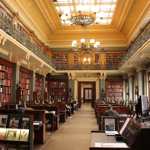 A quiet library reading room.